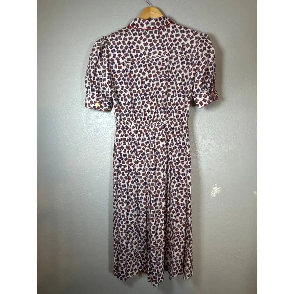 Vintage 80s Geometric Print Midi Dress Collared Structured Secretary Womens 10 - Picture 6 of 9